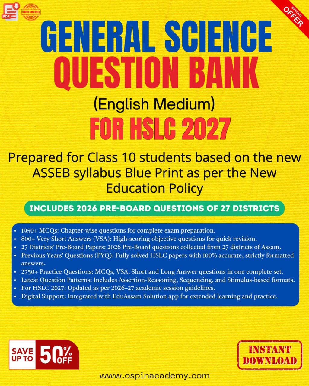 Class 10 General Science Question Bank ASSEB HSLC 2027 | Complete Chapter-wise Solutions PDF (English Medium)